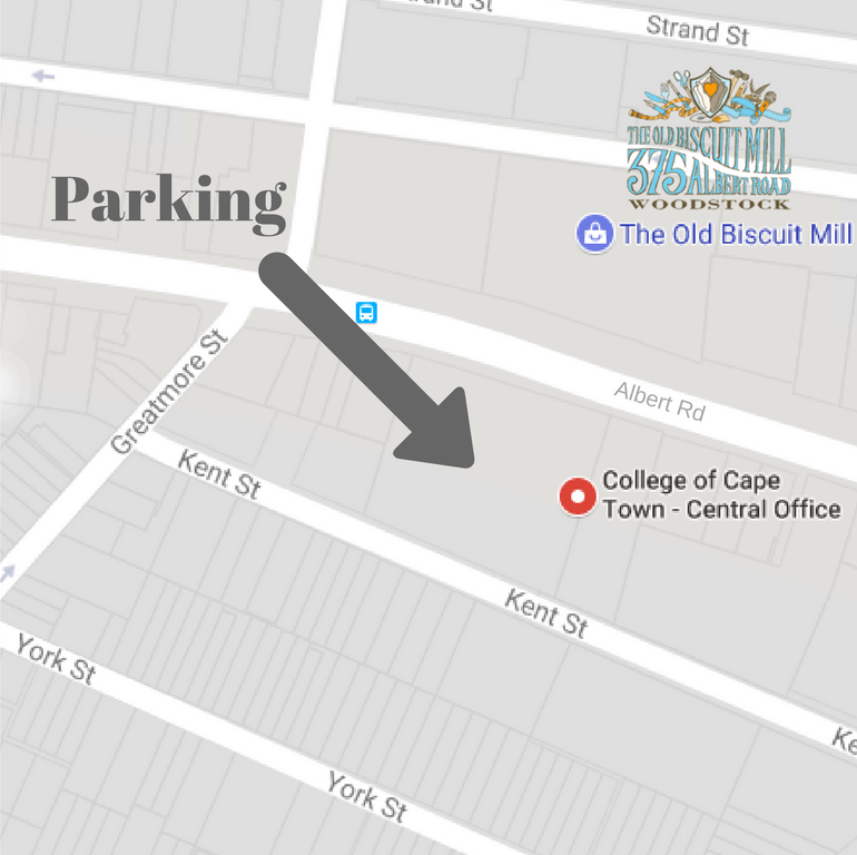 Home Map showing parking at the College of Cape Town opposite The Old Biscuit Mill on Albert Road, Woodstock
